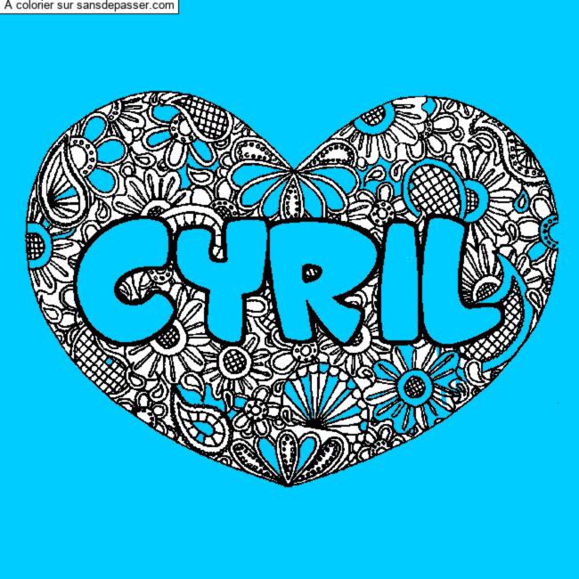 Coloriage pr&eacute;nom CYRIL - d&eacute;cor Mandala coeur par un invit&eacute;