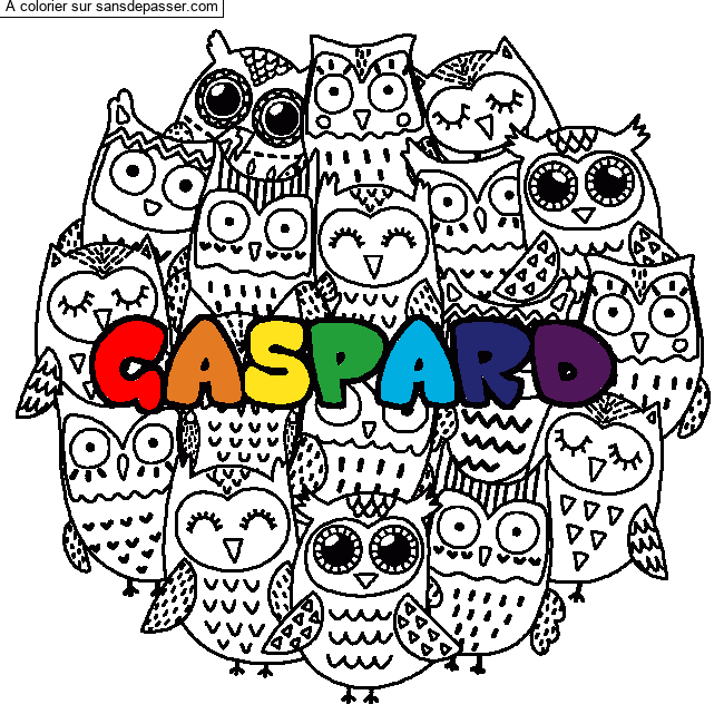 Coloriage pr&eacute;nom GASPARD - d&eacute;cor Chouettes par un invit&eacute;