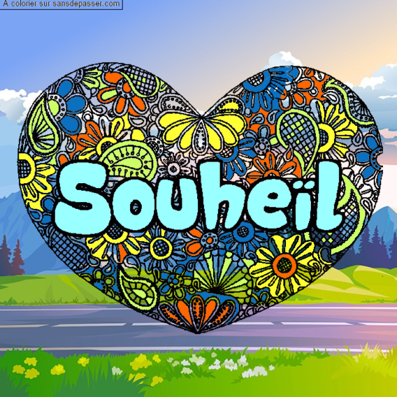 Coloriage pr&eacute;nom Souhe&iuml;l - d&eacute;cor Mandala coeur par un invit&eacute;