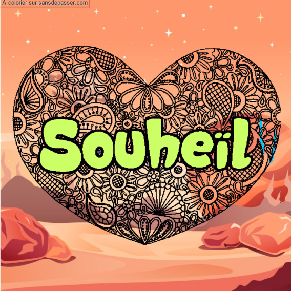Coloriage pr&eacute;nom Souhe&iuml;l - d&eacute;cor Mandala coeur par un invit&eacute;