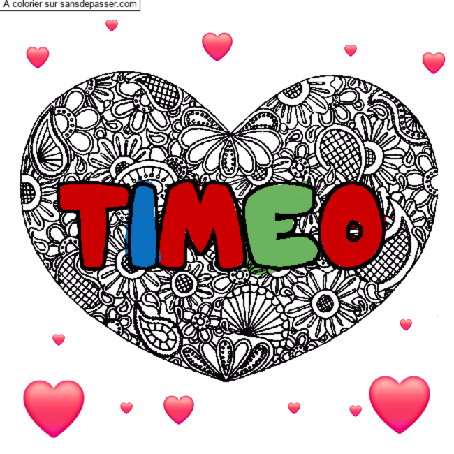 Coloriage pr&eacute;nom TIMEO - d&eacute;cor Mandala coeur par un invit&eacute;