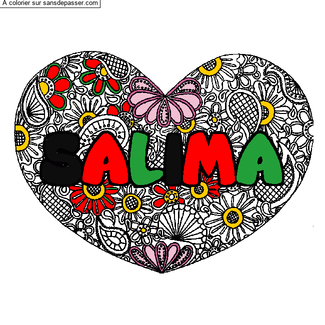 Coloriage pr&eacute;nom SALIMA - d&eacute;cor Mandala coeur par Marya