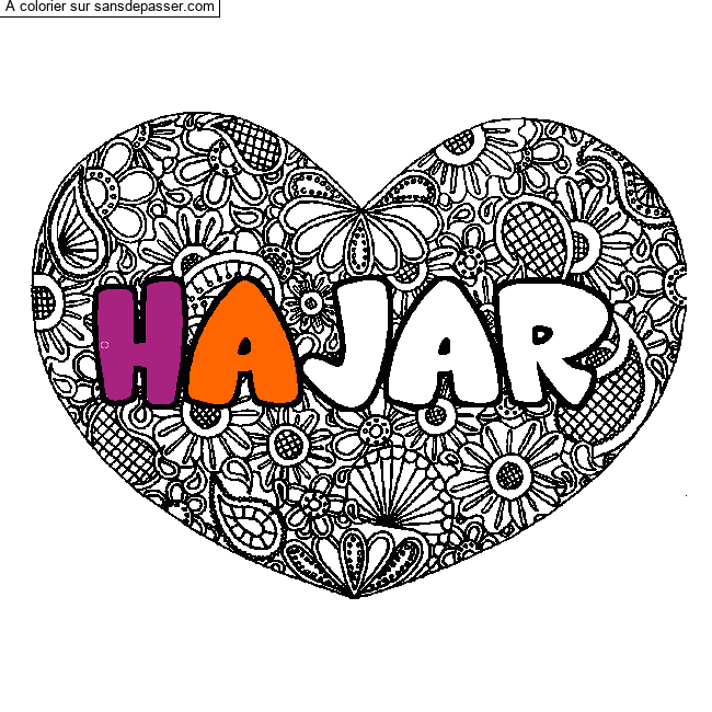 Coloriage pr&eacute;nom HAJAR - d&eacute;cor Mandala coeur par fredergo