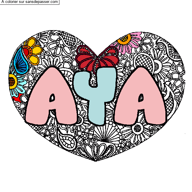 Coloriage pr&eacute;nom AYA - d&eacute;cor Mandala coeur par fredergo