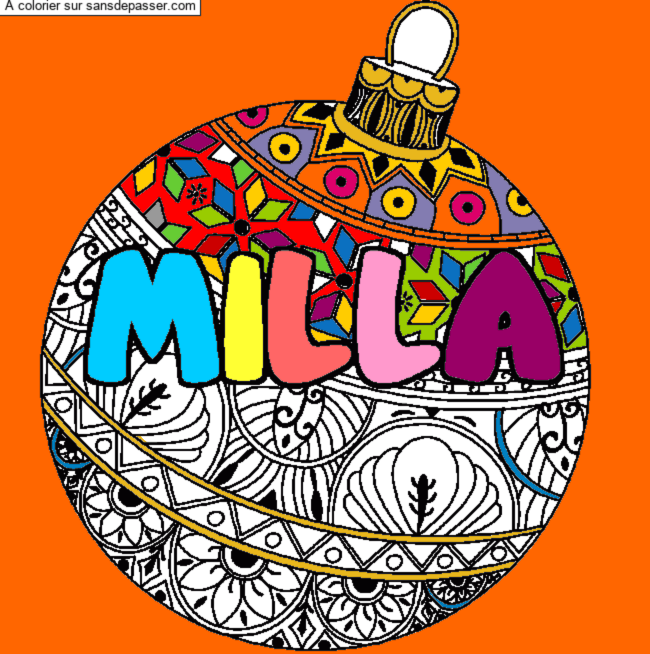 Coloriage pr&eacute;nom MILLA - d&eacute;cor Boule de No&euml;l par un invit&eacute;
