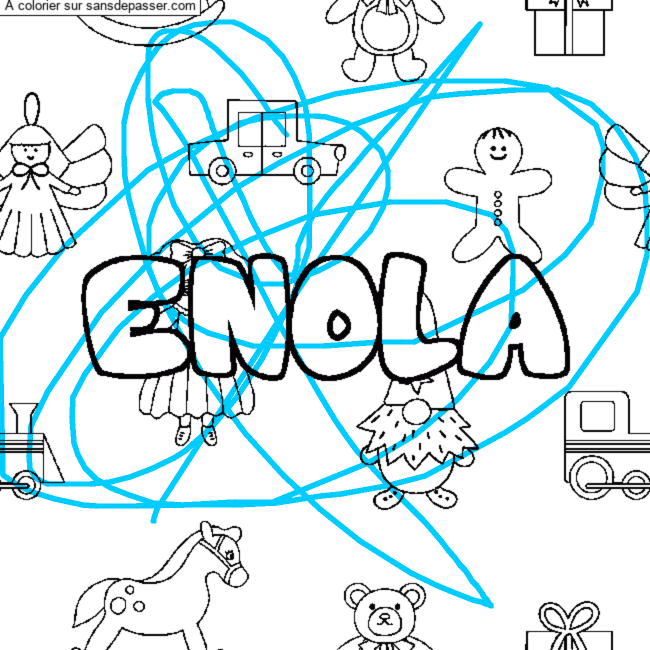 Coloriage pr&eacute;nom ENOLA - d&eacute;cor Jouets par un invit&eacute;