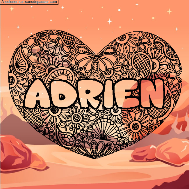 Coloriage pr&eacute;nom ADRIEN - d&eacute;cor Mandala coeur par un invit&eacute;