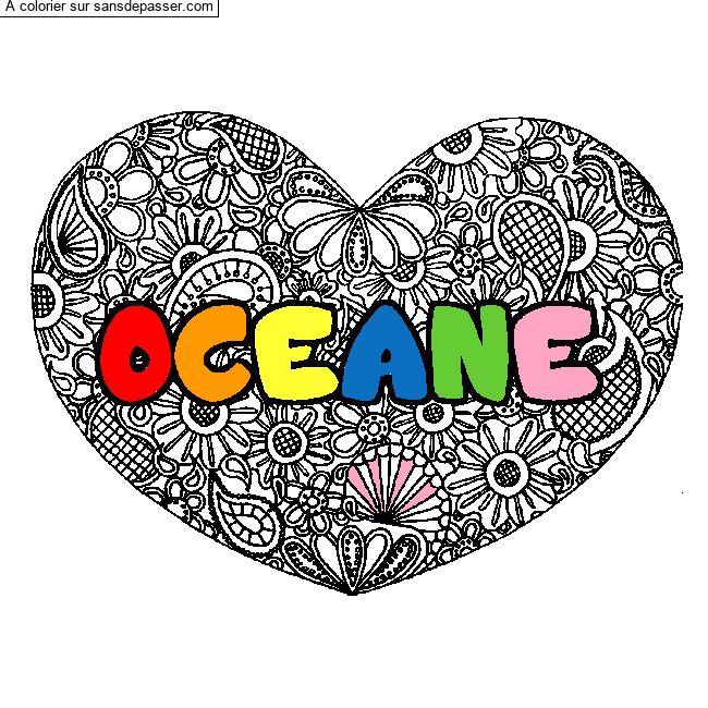 Coloriage pr&eacute;nom OCEANE - d&eacute;cor Mandala coeur par un invit&eacute;