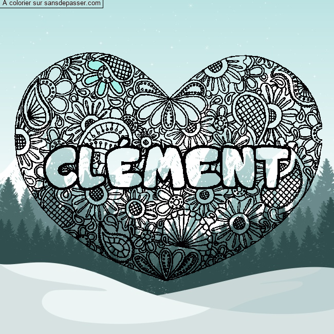 Coloriage pr&eacute;nom CL&Eacute;MENT - d&eacute;cor Mandala coeur par un invit&eacute;