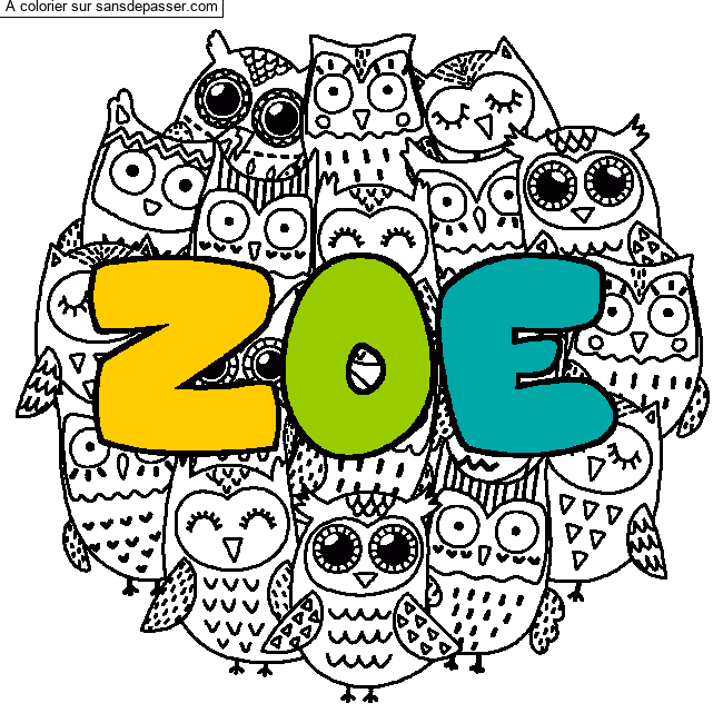 Coloriage pr&eacute;nom ZOE - d&eacute;cor Chouettes par un invit&eacute;