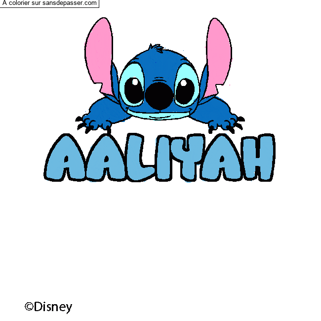 Coloriage prénom AALIYAH - décor Stitch par un invité