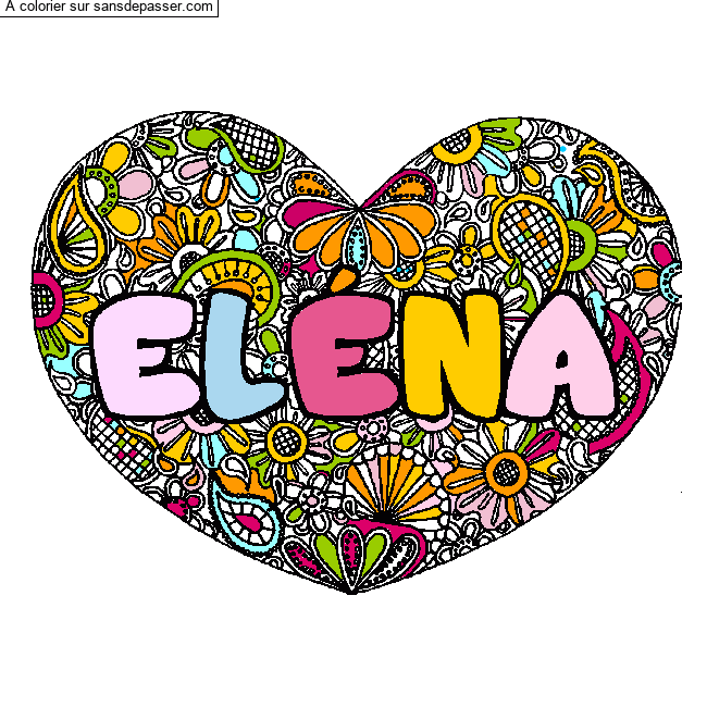 Coloriage pr&eacute;nom EL&Eacute;NA - d&eacute;cor Mandala coeur par un invit&eacute;