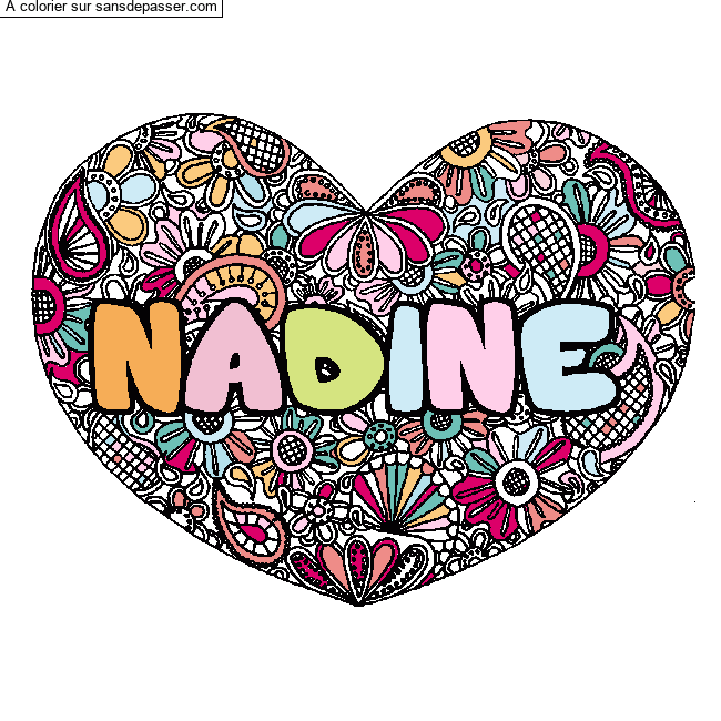 Coloriage pr&eacute;nom NADINE - d&eacute;cor Mandala coeur par un invit&eacute;