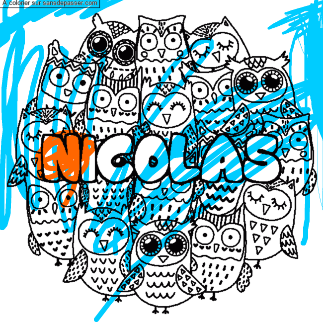 Coloriage pr&eacute;nom NICOLAS - d&eacute;cor Chouettes par un invit&eacute;
