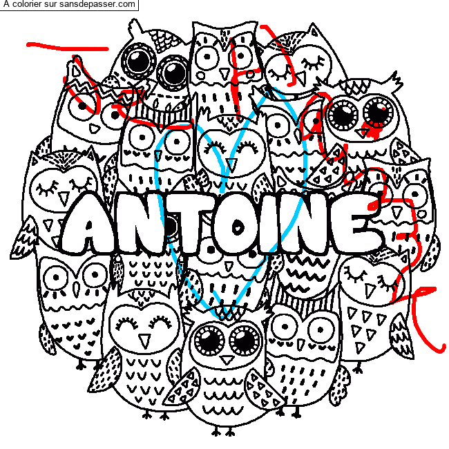 Coloriage Coloriage pr&eacute;nom ANTOINE - d&eacute;cor Chouettes par un invit&eacute;