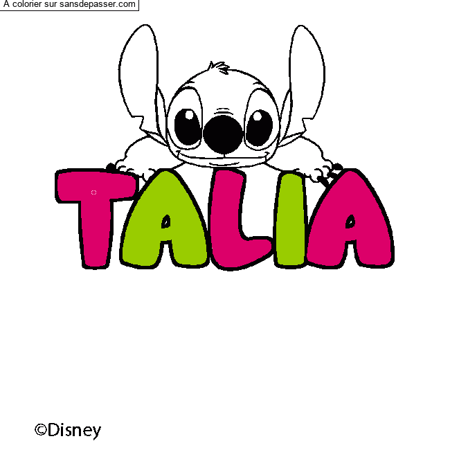 Coloriage pr&eacute;nom TALIA - d&eacute;cor Stitch par oiseau