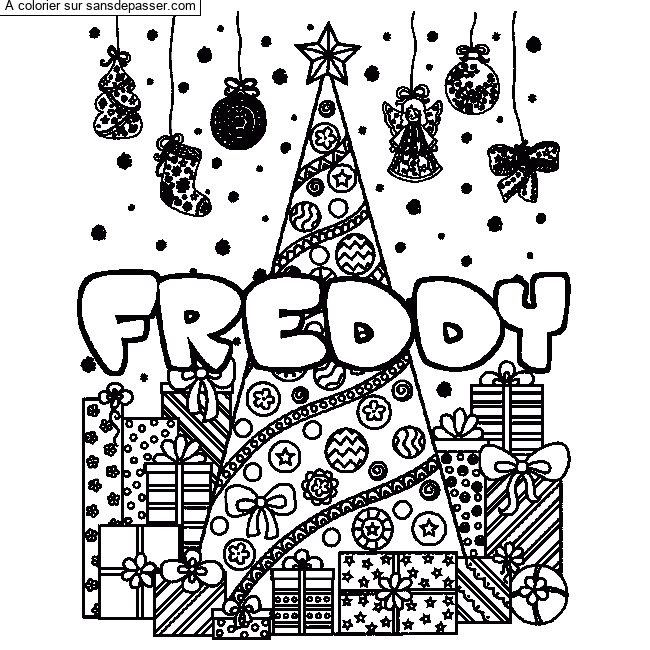 Coloriage pr&eacute;nom FREDDY - d&eacute;cor Sapin et Cadeaux par un invit&eacute;