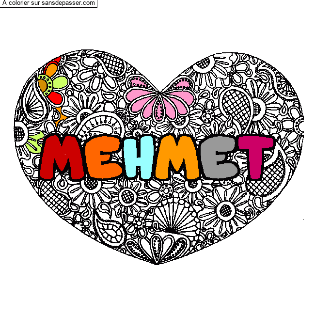 Coloriage pr&eacute;nom MEHMET - d&eacute;cor Mandala coeur par un invit&eacute;