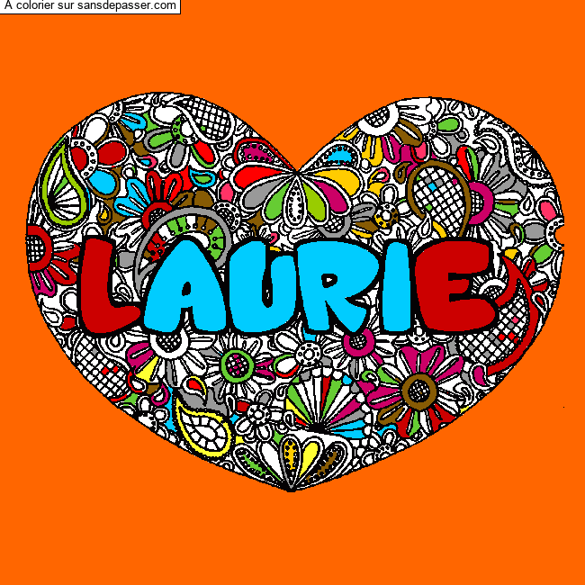 Coloriage pr&eacute;nom LAURIE - d&eacute;cor Mandala coeur par un invit&eacute;