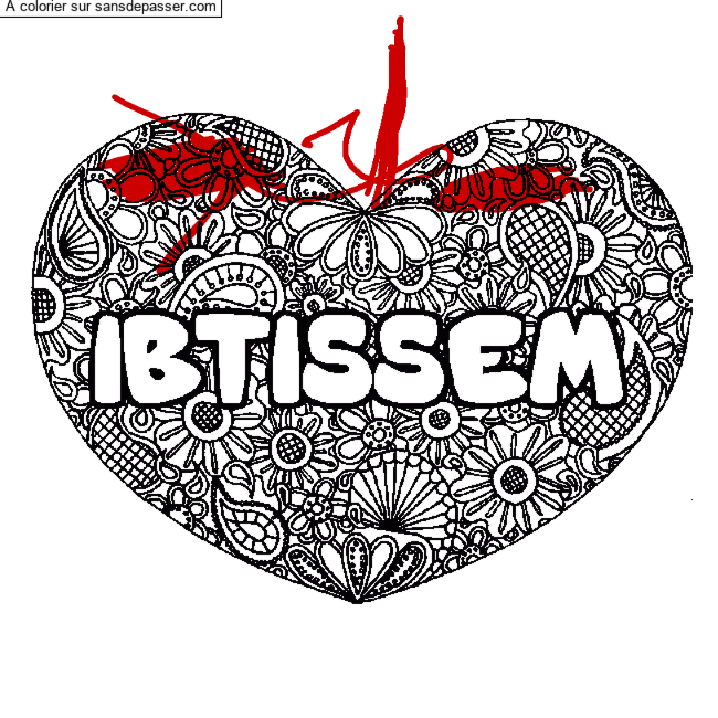 Coloriage pr&eacute;nom IBTISSEM - d&eacute;cor Mandala coeur par un invit&eacute;