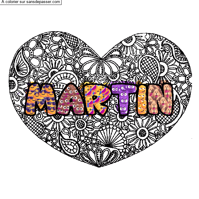 Coloriage pr&eacute;nom MARTIN - d&eacute;cor Mandala coeur par un invit&eacute;