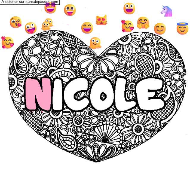 Coloriage pr&eacute;nom NICOLE - d&eacute;cor Mandala coeur par un invit&eacute;