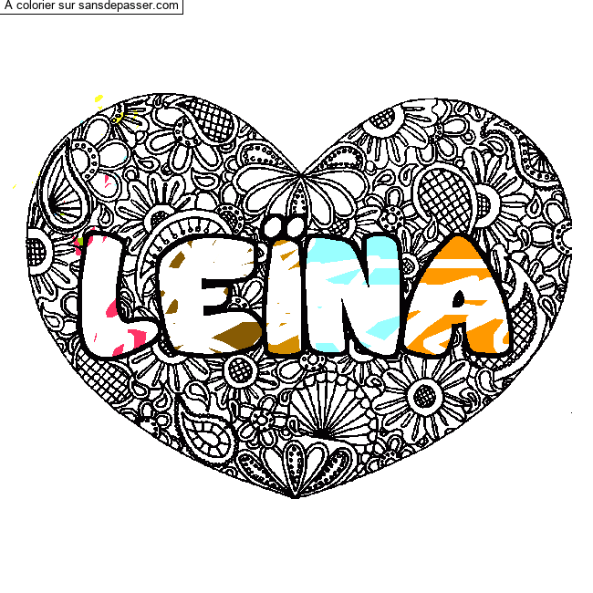 Coloriage pr&eacute;nom LE&Iuml;NA - d&eacute;cor Mandala coeur par un invit&eacute;