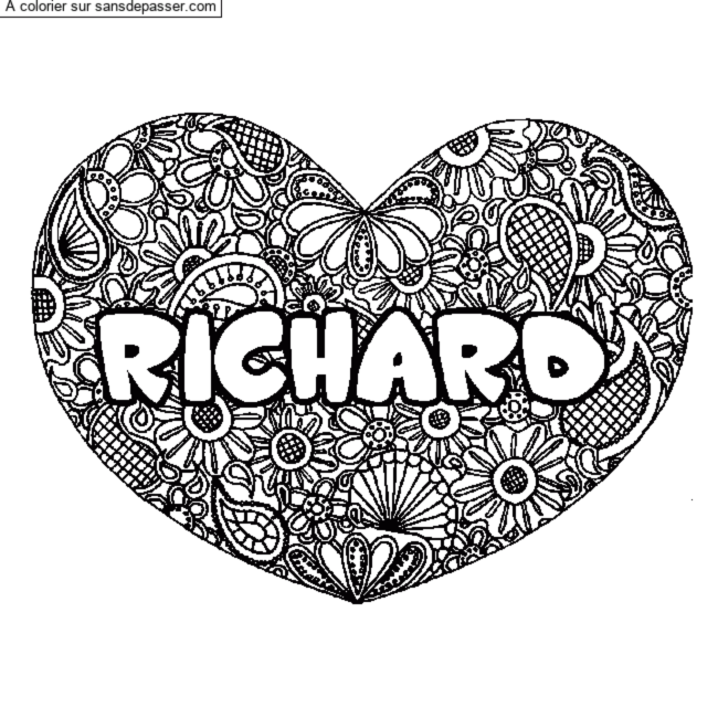 Coloriage pr&eacute;nom RICHARD - d&eacute;cor Mandala coeur par un invit&eacute;