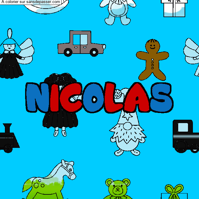 Coloriage pr&eacute;nom NICOLAS - d&eacute;cor Jouets par un invit&eacute;