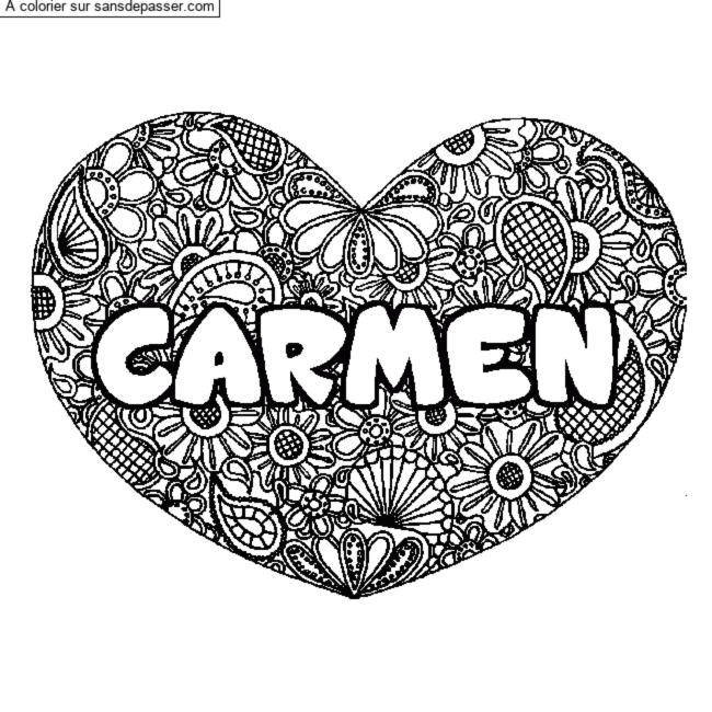 Coloriage pr&eacute;nom CARMEN - d&eacute;cor Mandala coeur par un invit&eacute;