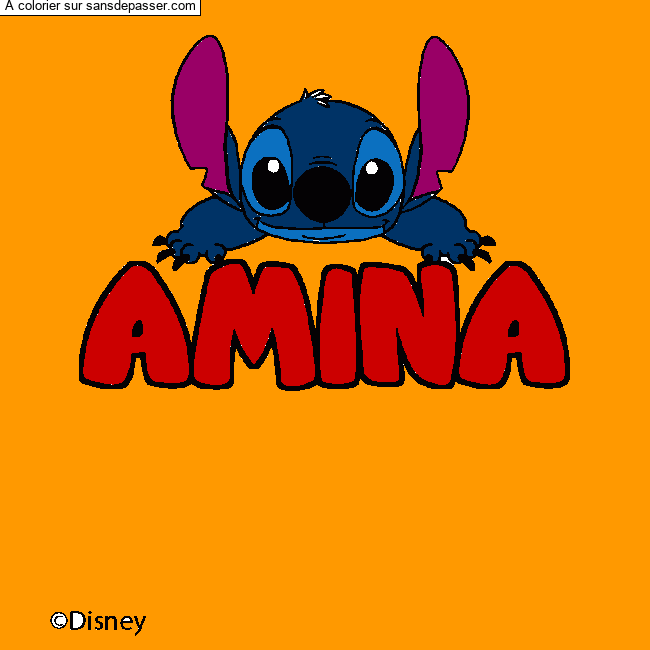 Coloriage pr&eacute;nom AMINA - d&eacute;cor Stitch par un invit&eacute;