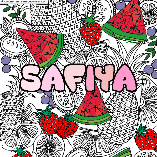 Coloriage pr&eacute;nom SAFIYA - d&eacute;cor Mandala fruits par un invit&eacute;