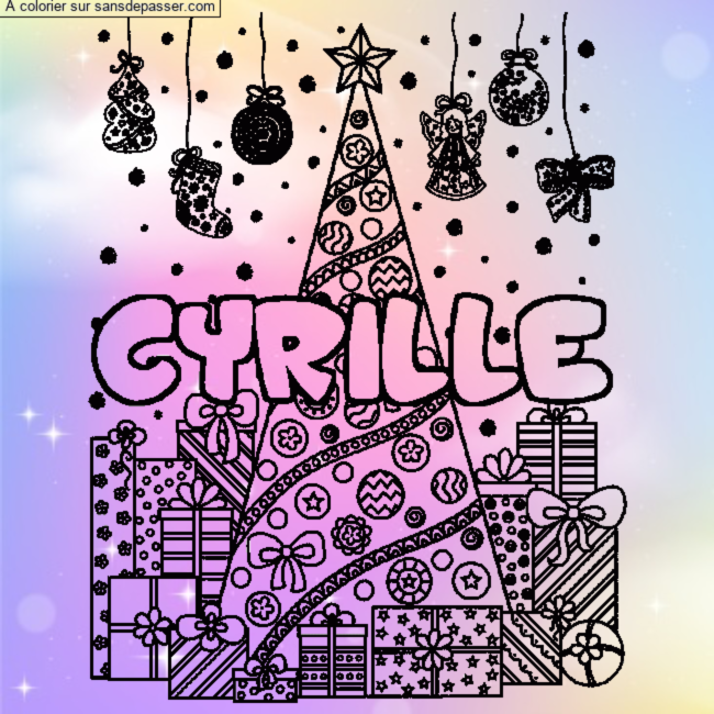 Coloriage pr&eacute;nom CYRILLE - d&eacute;cor Sapin et Cadeaux par un invit&eacute;