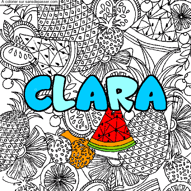 Coloriage pr&eacute;nom CLARA - d&eacute;cor Mandala fruits par un invit&eacute;