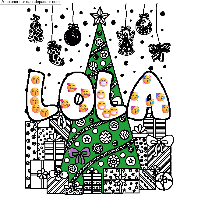 Coloriage pr&eacute;nom LOLA - d&eacute;cor Sapin et Cadeaux par un invit&eacute;