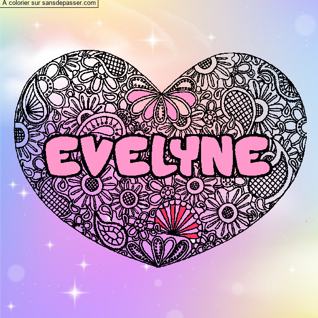 Coloriage pr&eacute;nom EVELYNE - d&eacute;cor Mandala coeur par un invit&eacute;