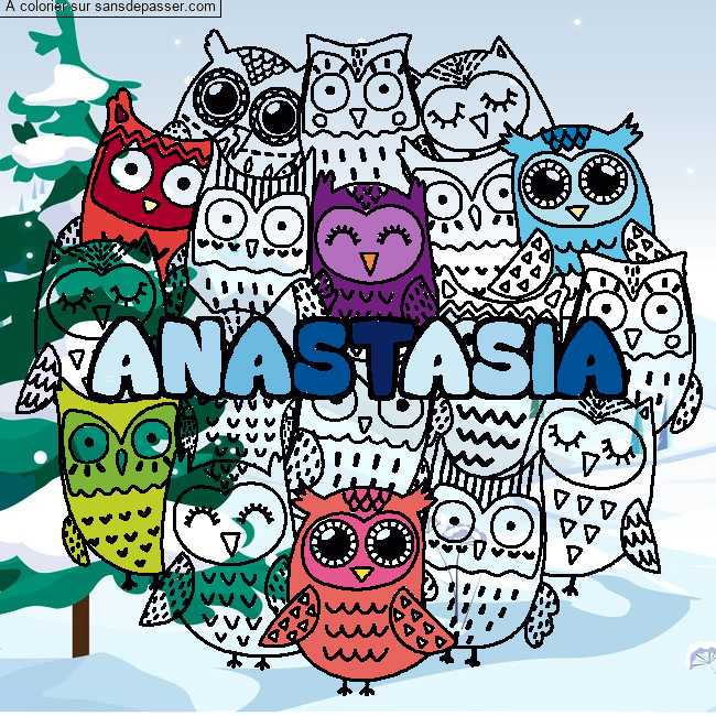 Coloriage Coloriage pr&eacute;nom ANASTASIA - d&eacute;cor Chouettes par un invit&eacute;