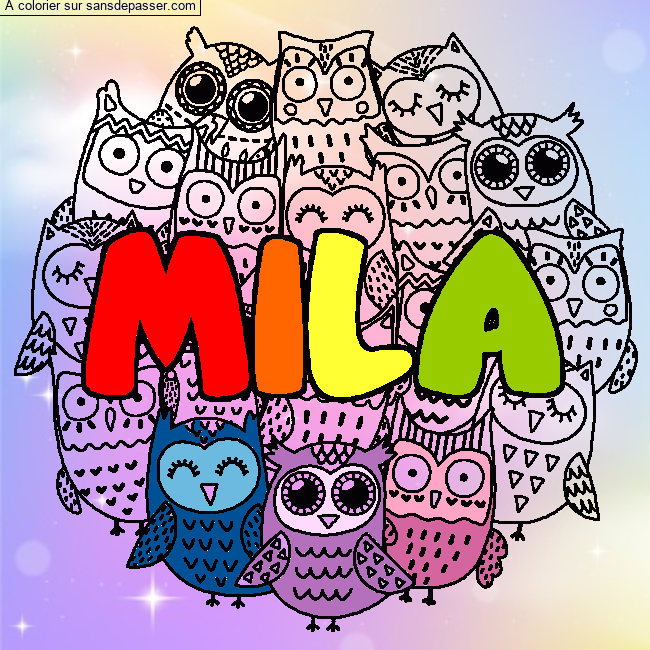 Coloriage Coloriage pr&eacute;nom MILA - d&eacute;cor Chouettes par un invit&eacute;