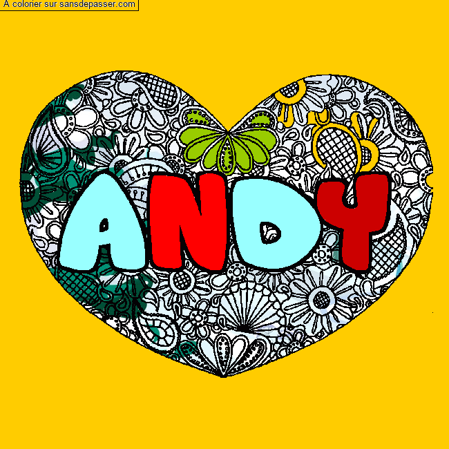 Coloriage pr&eacute;nom ANDY - d&eacute;cor Mandala coeur par un invit&eacute;