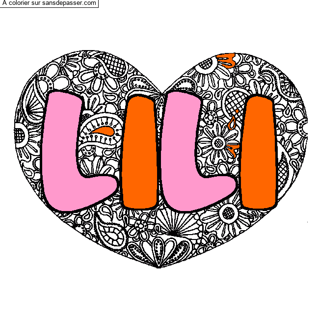 Coloriage pr&eacute;nom LILI - d&eacute;cor Mandala coeur par un invit&eacute;