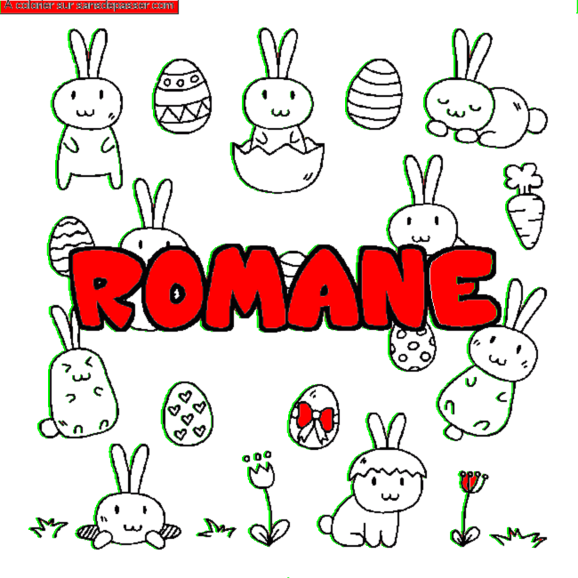 Coloriage pr&eacute;nom ROMANE - d&eacute;cor Paques par un invit&eacute;