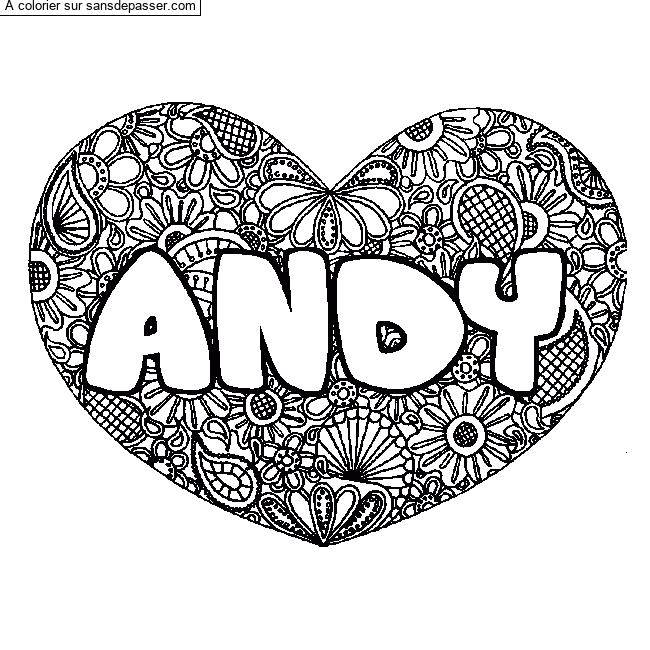 Coloriage pr&eacute;nom ANDY - d&eacute;cor Mandala coeur par un invit&eacute;