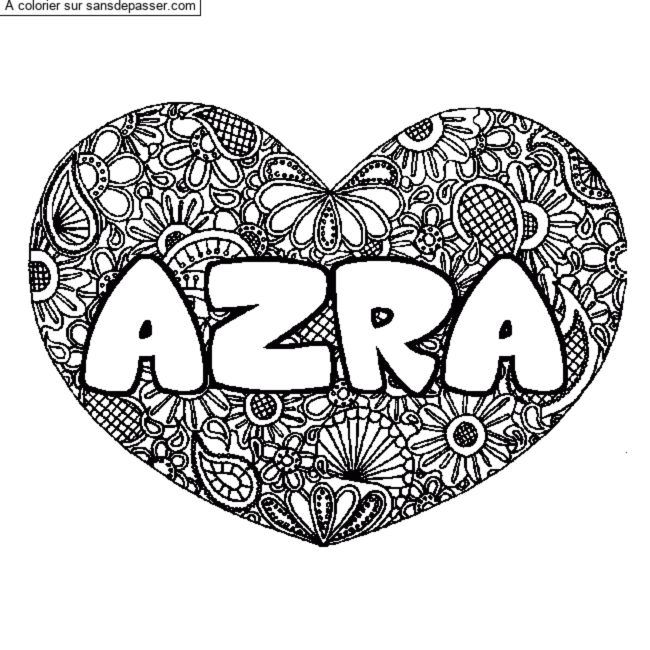 Coloriage pr&eacute;nom AZRA - d&eacute;cor Mandala coeur par un invit&eacute;