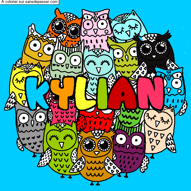 Coloriage pr&eacute;nom KYLIAN - d&eacute;cor Chouettes par un invit&eacute;