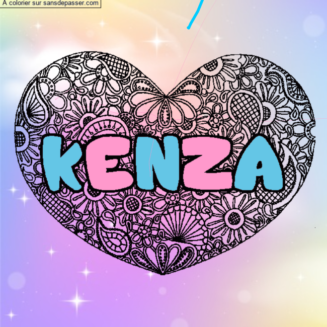 Coloriage pr&eacute;nom KENZA - d&eacute;cor Mandala coeur par un invit&eacute;