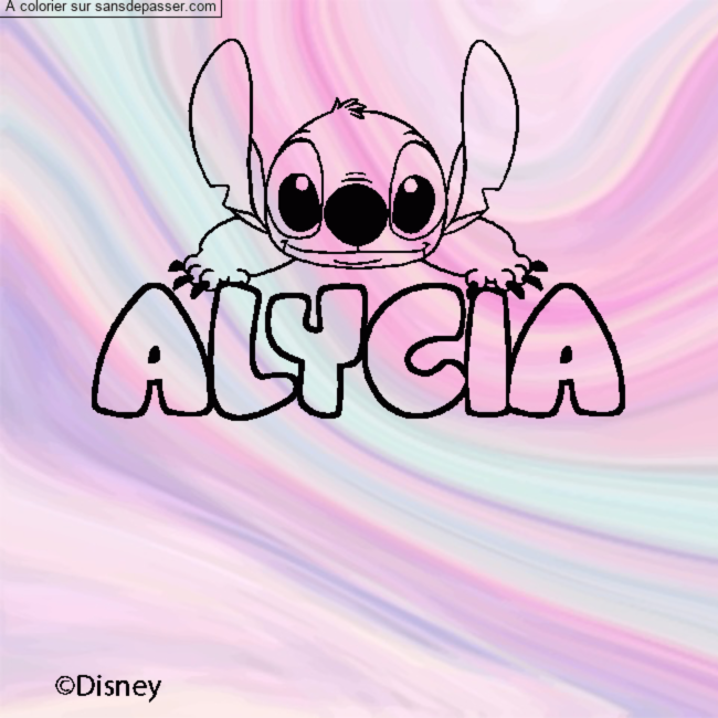 Coloriage pr&eacute;nom ALYCIA - d&eacute;cor Stitch par un invit&eacute;