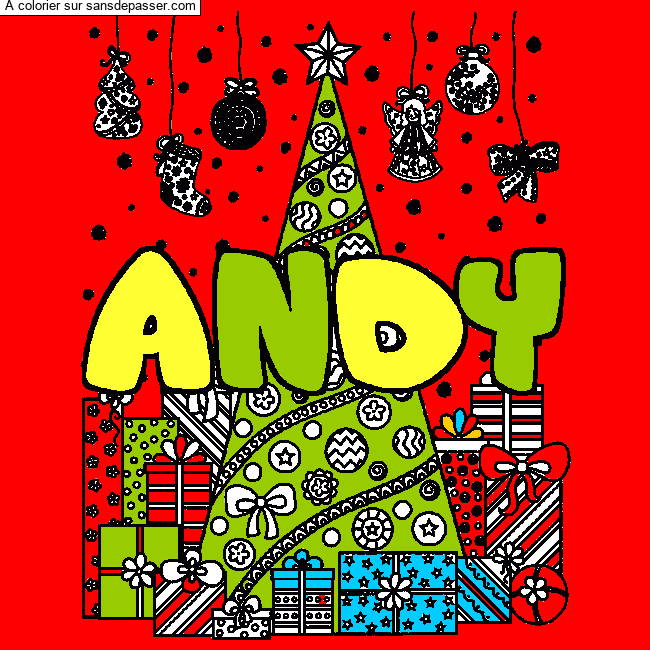 Coloriage pr&eacute;nom ANDY - d&eacute;cor Sapin et Cadeaux par un invit&eacute;