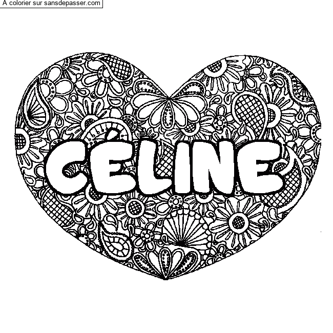 Coloriage pr&eacute;nom C&Eacute;LINE - d&eacute;cor Mandala coeur par un invit&eacute;