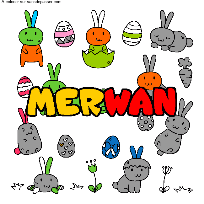 Coloriage pr&eacute;nom MERWAN - d&eacute;cor Paques par un invit&eacute;