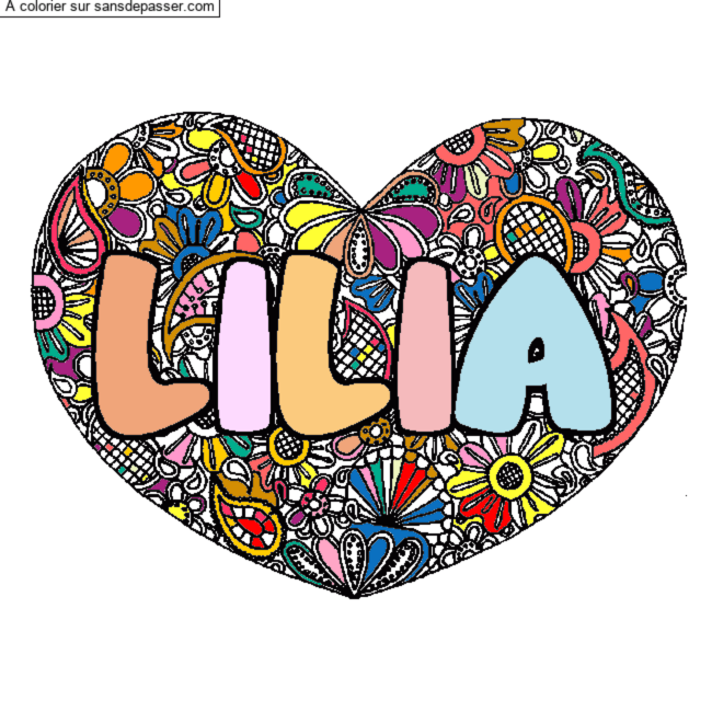 Coloriage pr&eacute;nom LILIA - d&eacute;cor Mandala coeur par un invit&eacute;